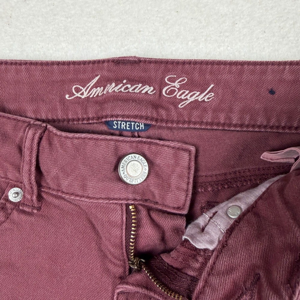 American Eagle Stretch Denim Shorts Burgundy Maroon Frayed Hem Size 0 Low Rise - Picture 4 of 7